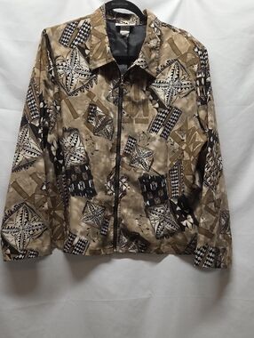Women’s Tan & Black Patterned Zip-Front Silky Jacket by cb Collections Vintage